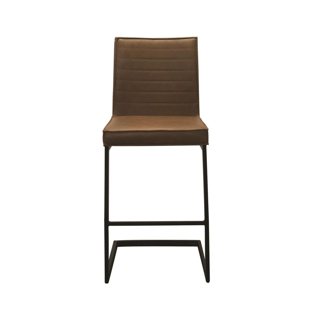 25 Inch Cantilever Counter Stool Chair, Channel Tufted Brown Vegan Leather- Saltoro Sherpi