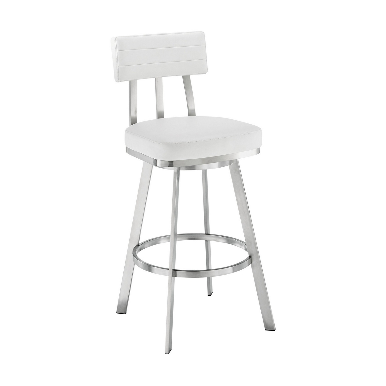 Col 26 Inch Swivel Counter Stool, White Faux Leather, Stainless Steel Frame- Saltoro Sherpi