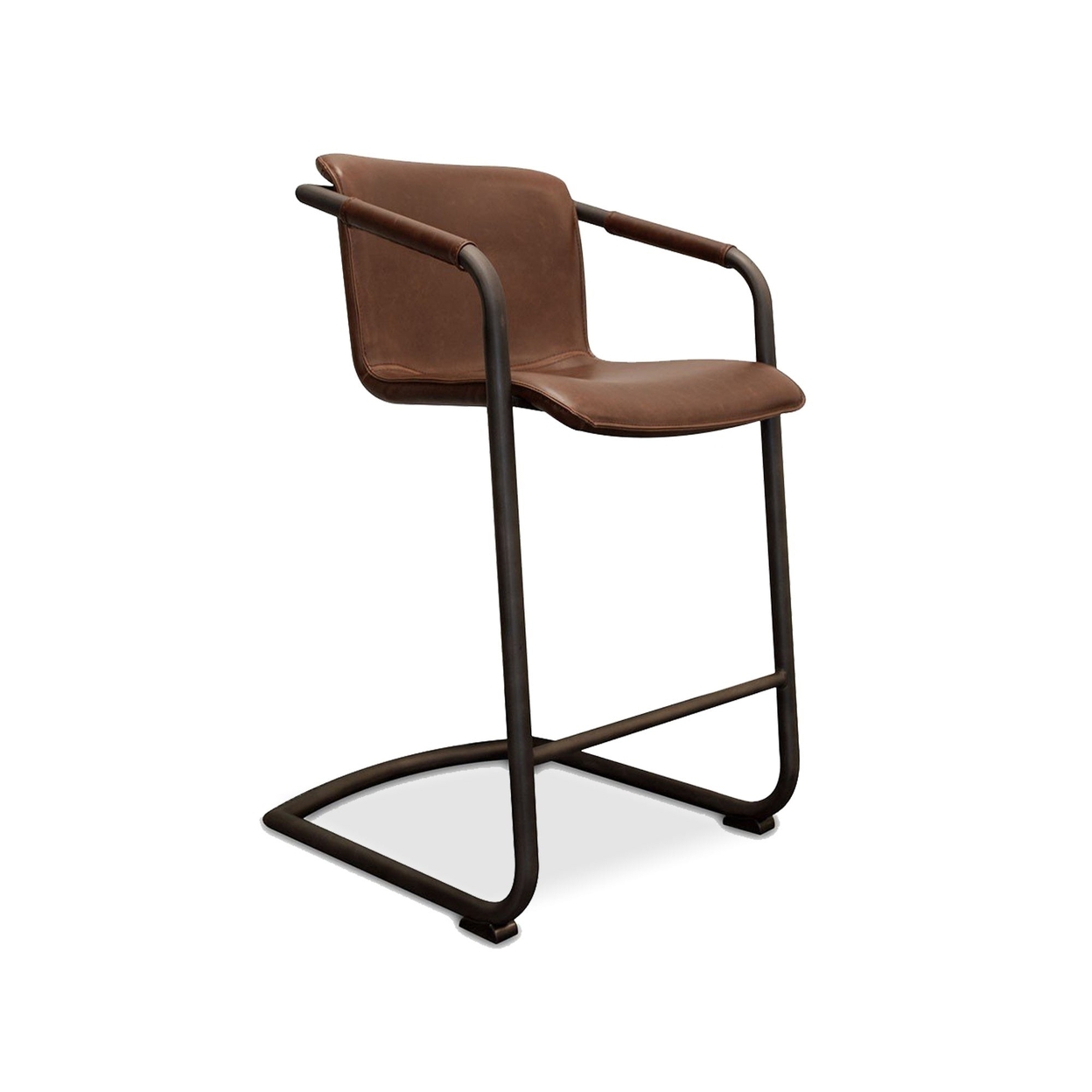 27 Inch Cantilever Counter Stool Chair, Set Of 2, Brown Vegan Faux Leather- Saltoro Sherpi