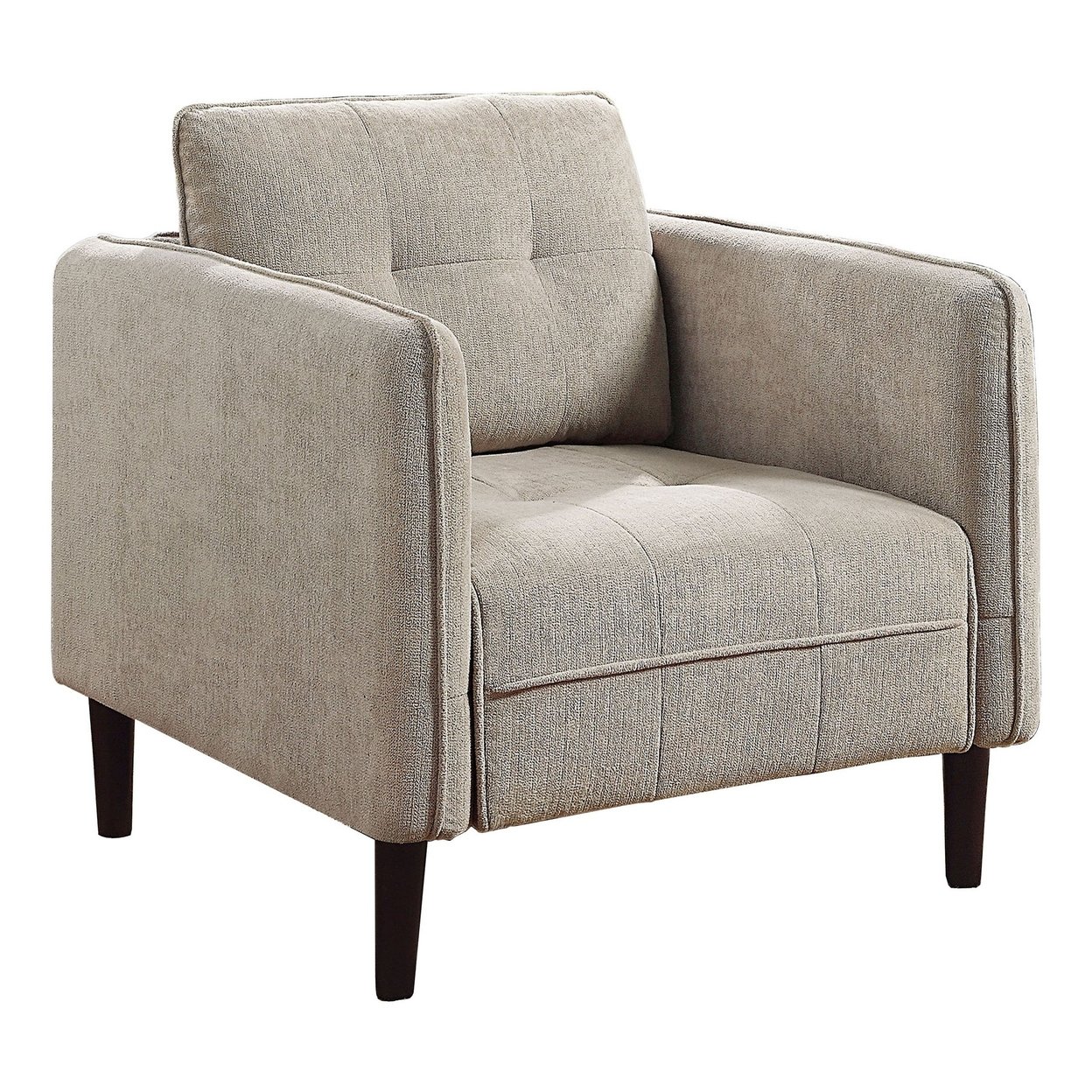 Hak 33 Inch Accent Chair, Rounded Arms, Biscuit Tufting, Wood Legs, Taupe - Saltoro Sherpi