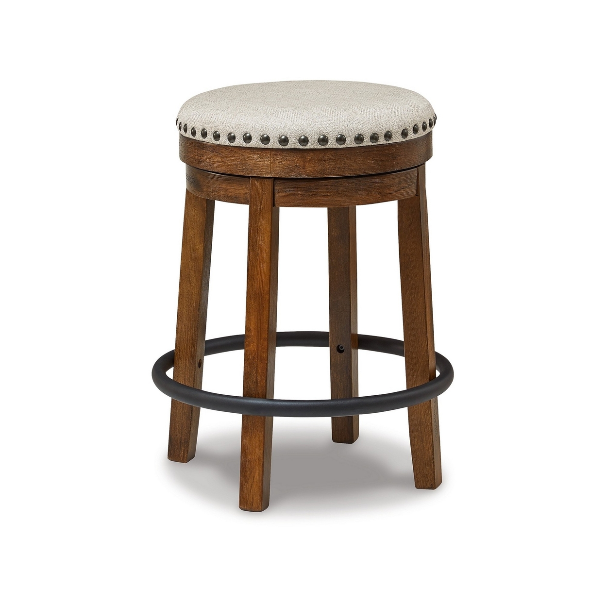 Zane 24 Inch Backless Swivel Counter Stool, Round Beige Seat, Brown Wood- Saltoro Sherpi