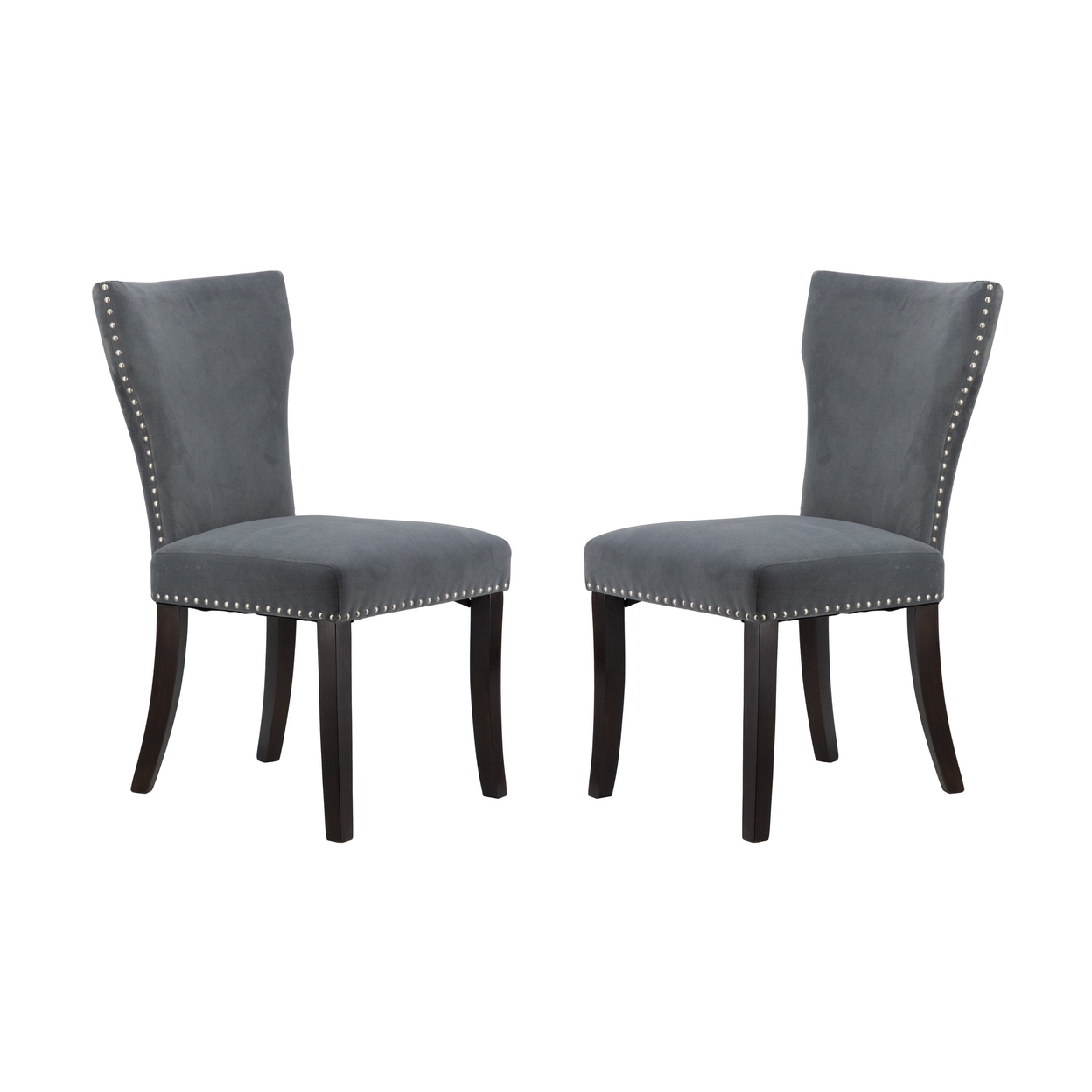 Devi 25 Inch Curved Dining Chair, Gray Velvet Upholstery, Nailhead Trim- Saltoro Sherpi