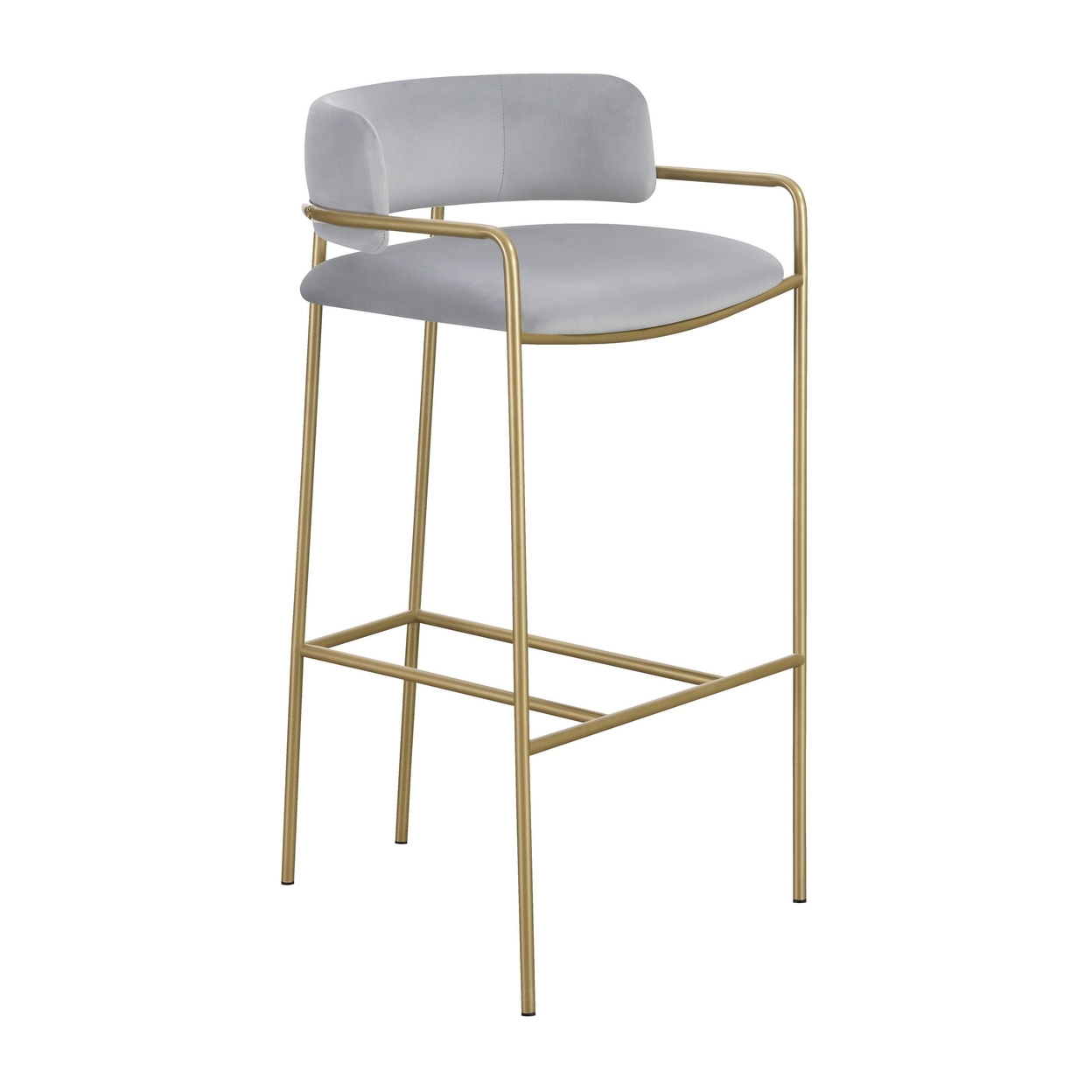 Lox 30 Inch Modern Barstool, Gray Padded Back And Seat, Gold Finish Metal- Saltoro Sherpi