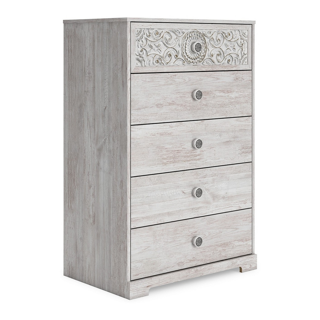 46 Inch 5 Drawer Modern Tall Dresser Chest, Whitewashed Carved Design Wood- Saltoro Sherpi