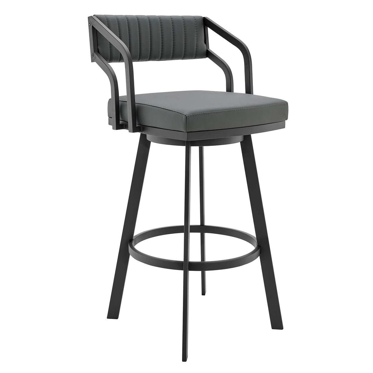 30 Inch Swivel Barstool Chair, Open Sloped Arms, Gray Faux Leather, Black- Saltoro Sherpi