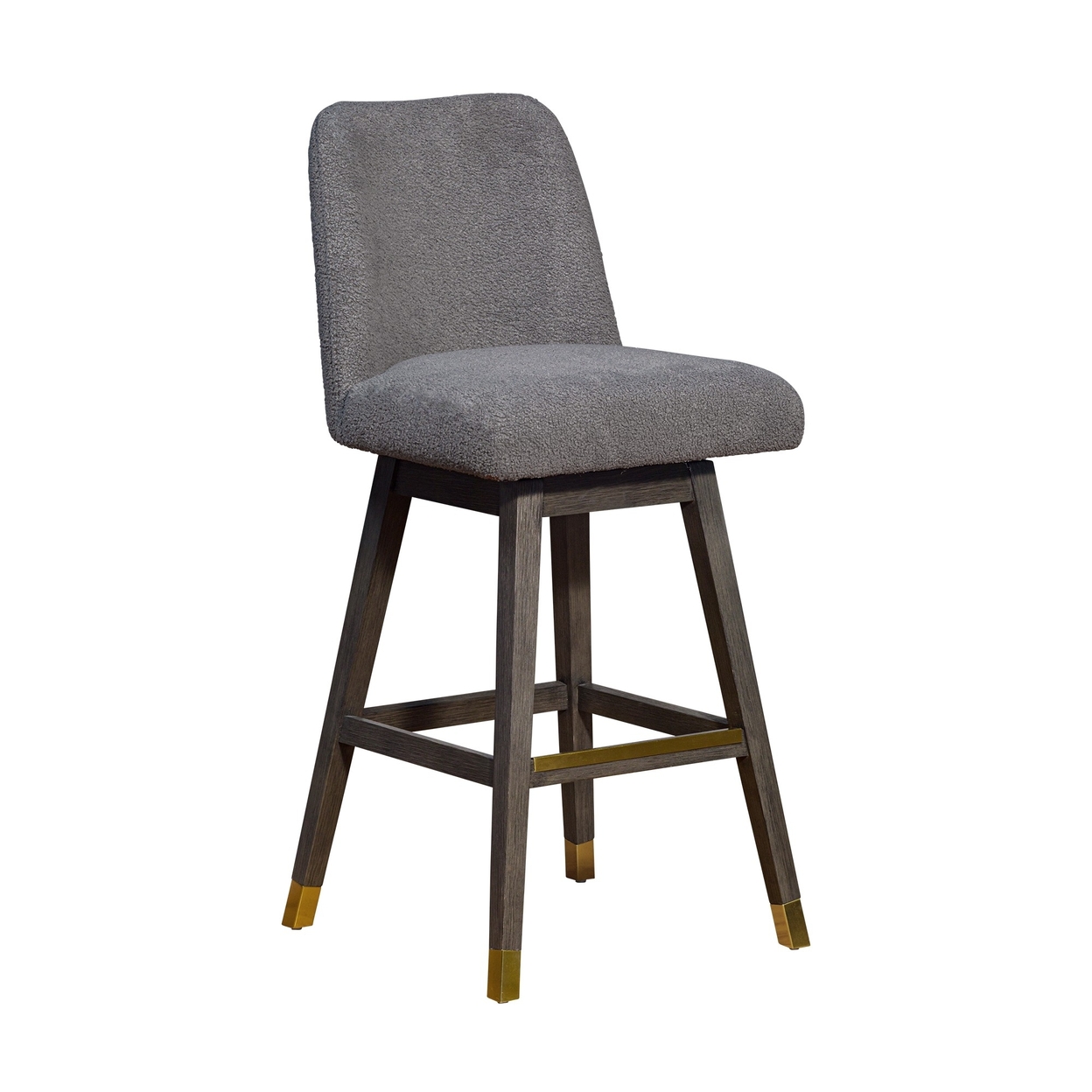 Lara 30 Inch Swivel Barstool Chair, Soft Gray Boucle Fabric, Wood Legs- Saltoro Sherpi