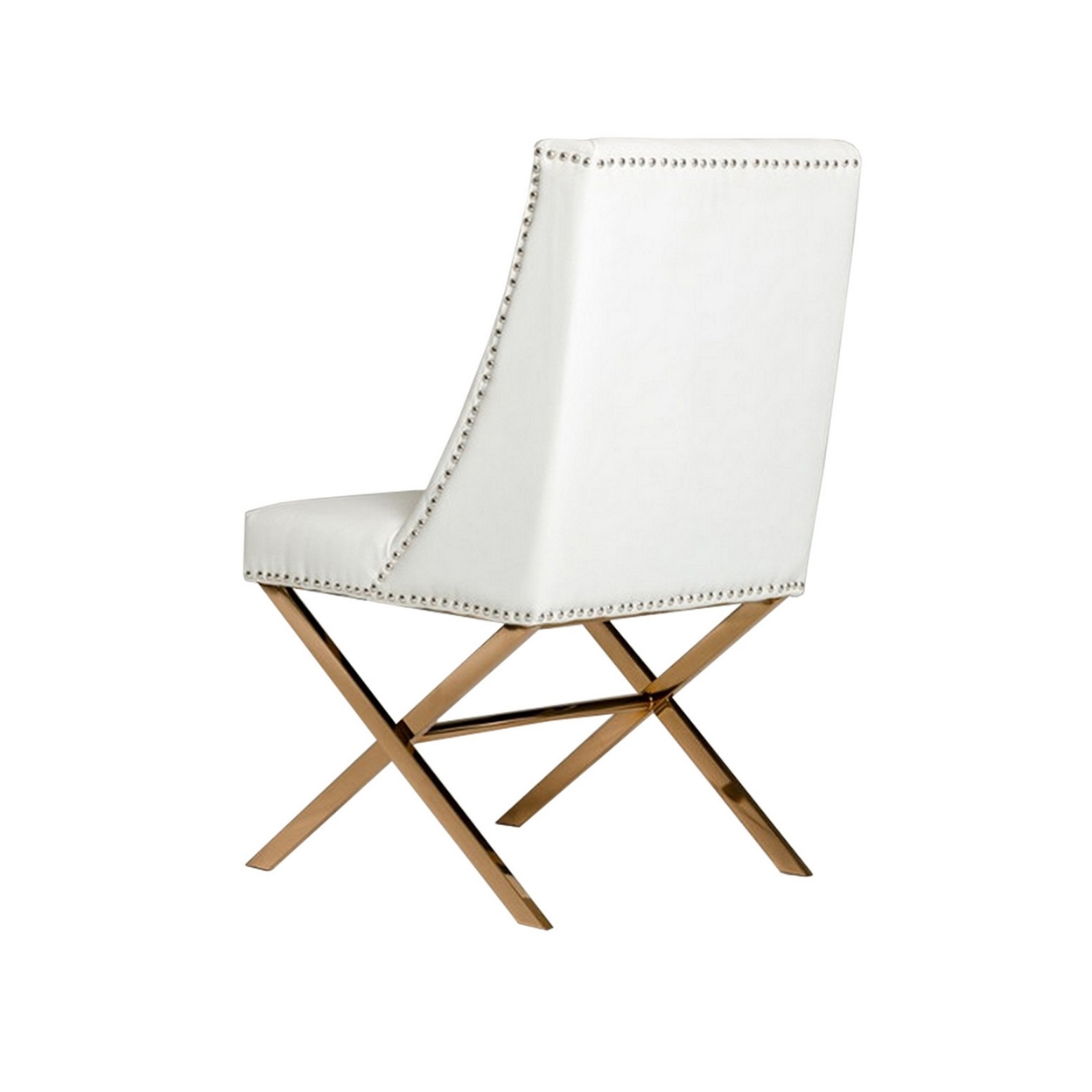 Leatherette Wingback Design Dining Chair With Trestle Steel Base, White And Gold- Saltoro Sherpi