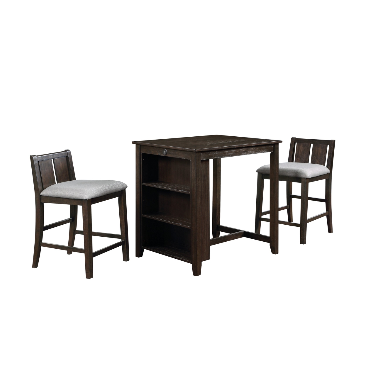 Hia 3 Piece Counter Table Set, Cushioned Seats, 2 Shelves, Cherry Brown- Saltoro Sherpi
