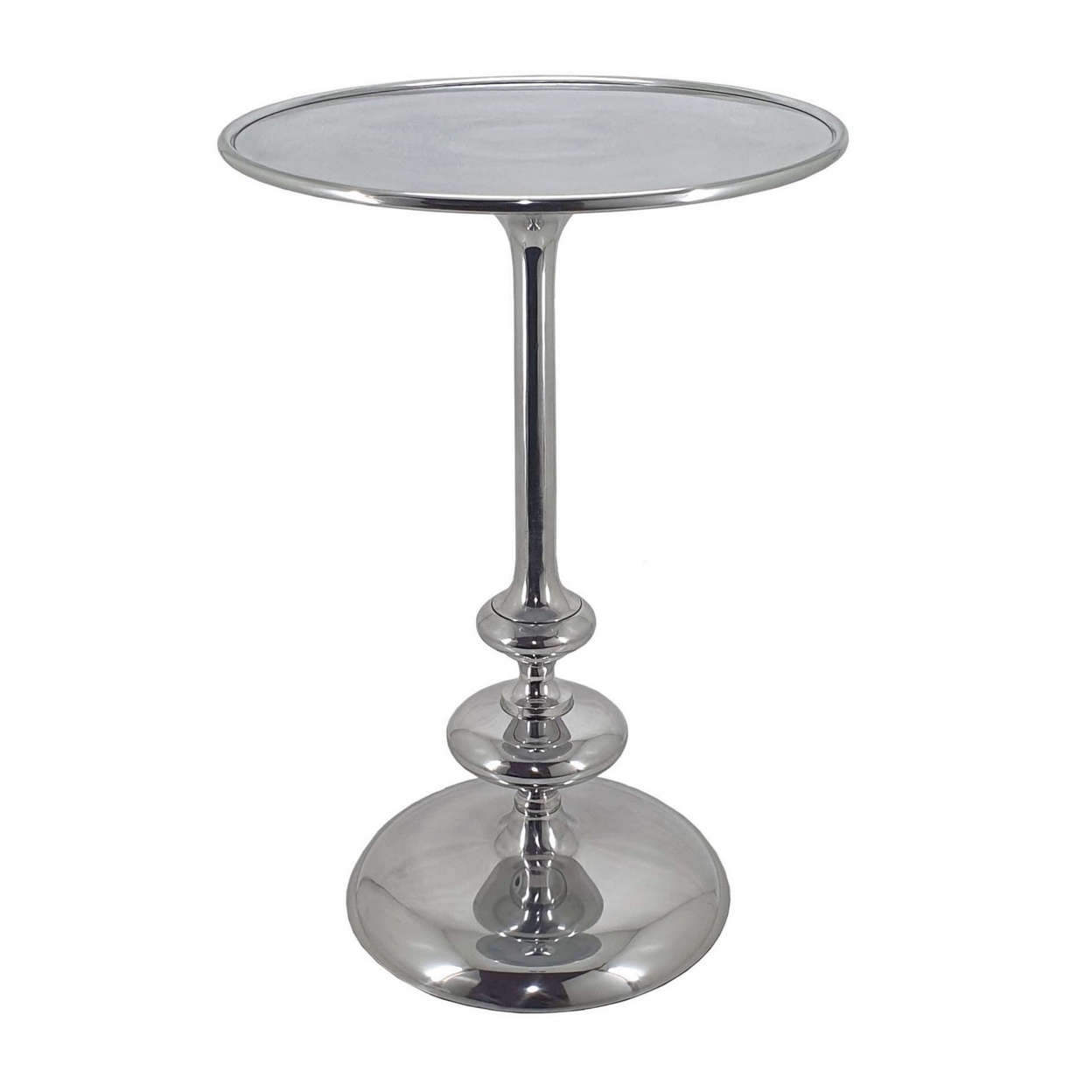 23 Inch Modern Aluminum Side Table, Round Tabletop And Base, Carved, Silver- Saltoro Sherpi