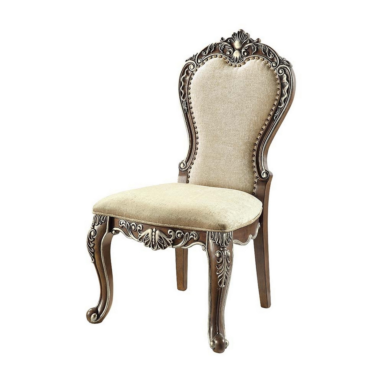 24 Inch Side Dining Chair, Set Of 2, Vintage Oak Brown, Beige Chenille- Saltoro Sherpi