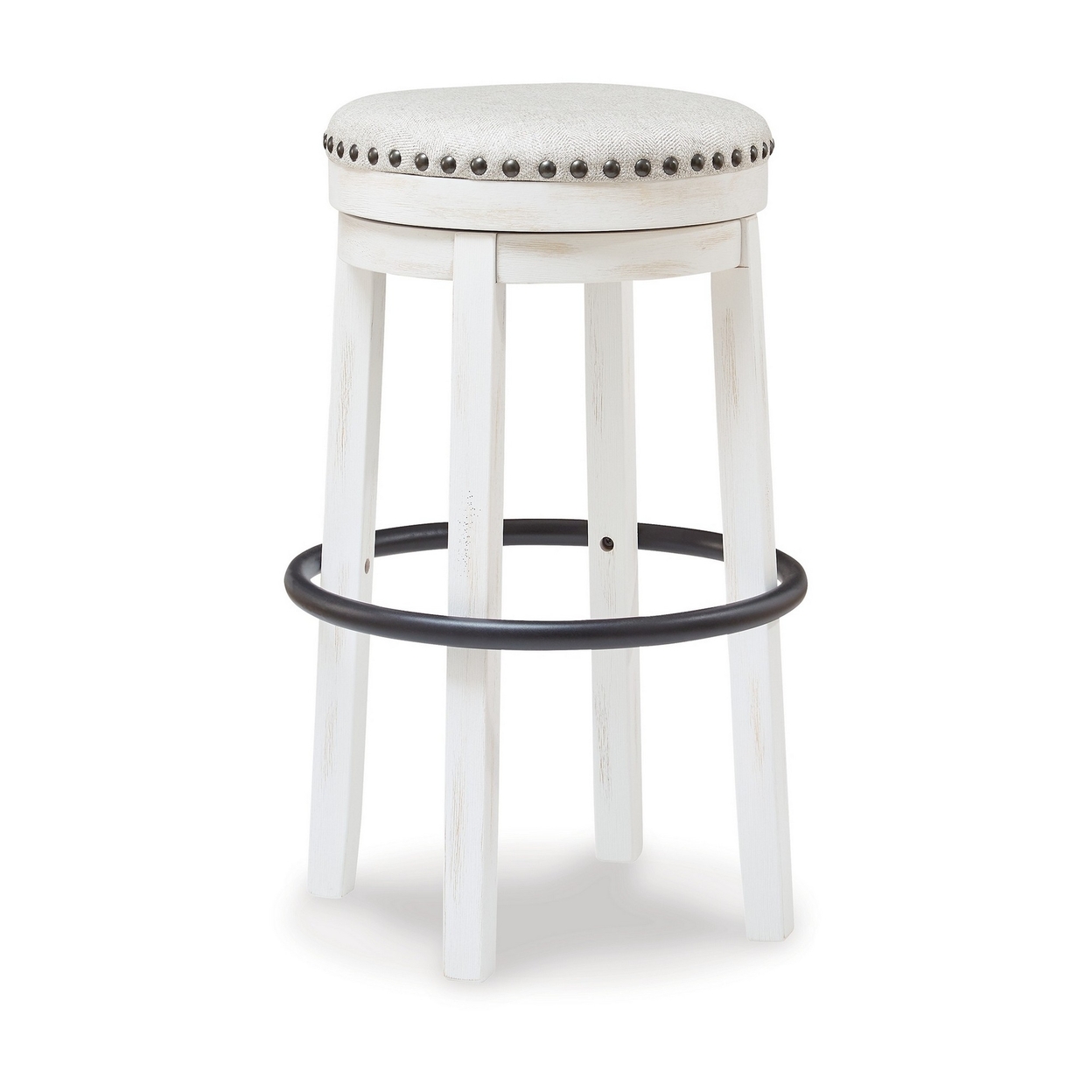 Zane 30 Inch Backless Swivel Barstool, Round White Seat, White Wood Frame- Saltoro Sherpi
