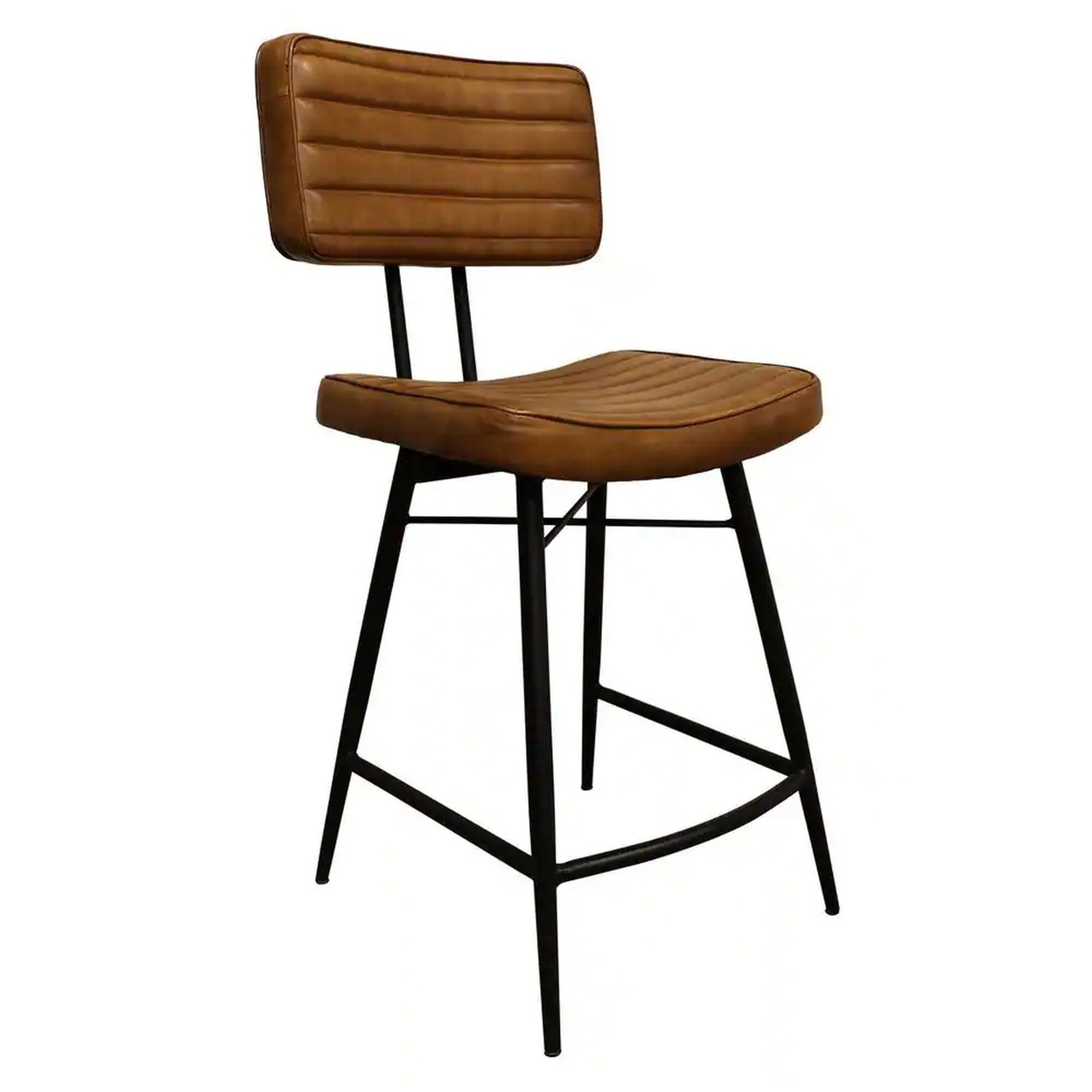 Mia 24 Inch Counter Stool, Set Of 2, Hand Dyed Brown Leather, Deep Tufting- Saltoro Sherpi