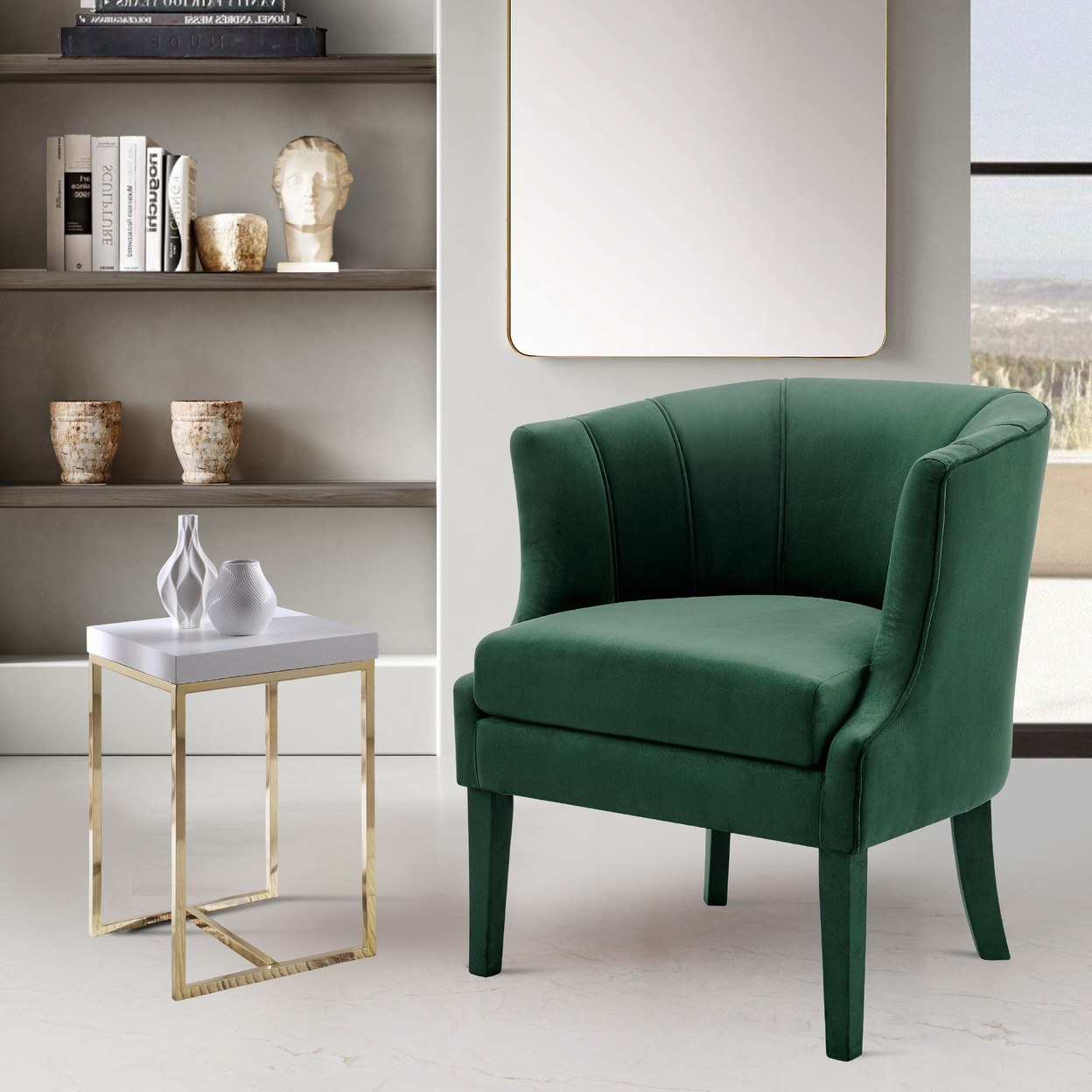 Iconic Home Layne Accent Chair Velvet Upholstered Vertical Channel Quilted Piped Stitching Barrel Back Design Upholstered Flared Legs - Gree