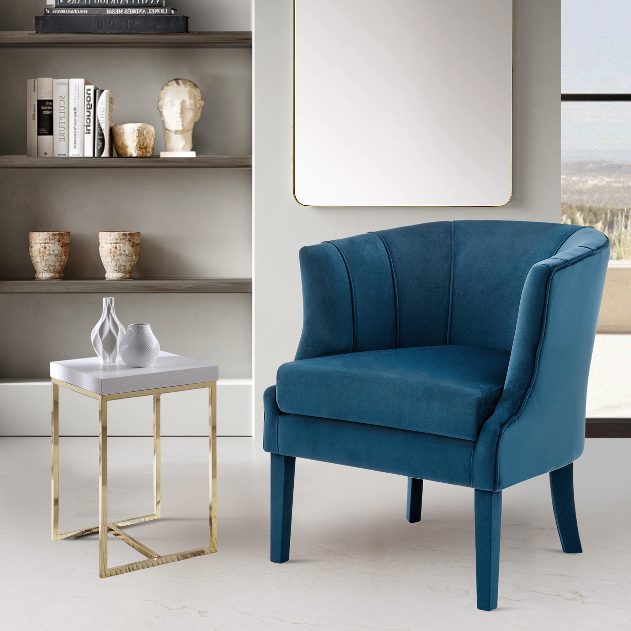Iconic Home Layne Accent Chair Velvet Upholstered Vertical Channel Quilted Piped Stitching Barrel Back Design Upholstered Flared Legs - Navy
