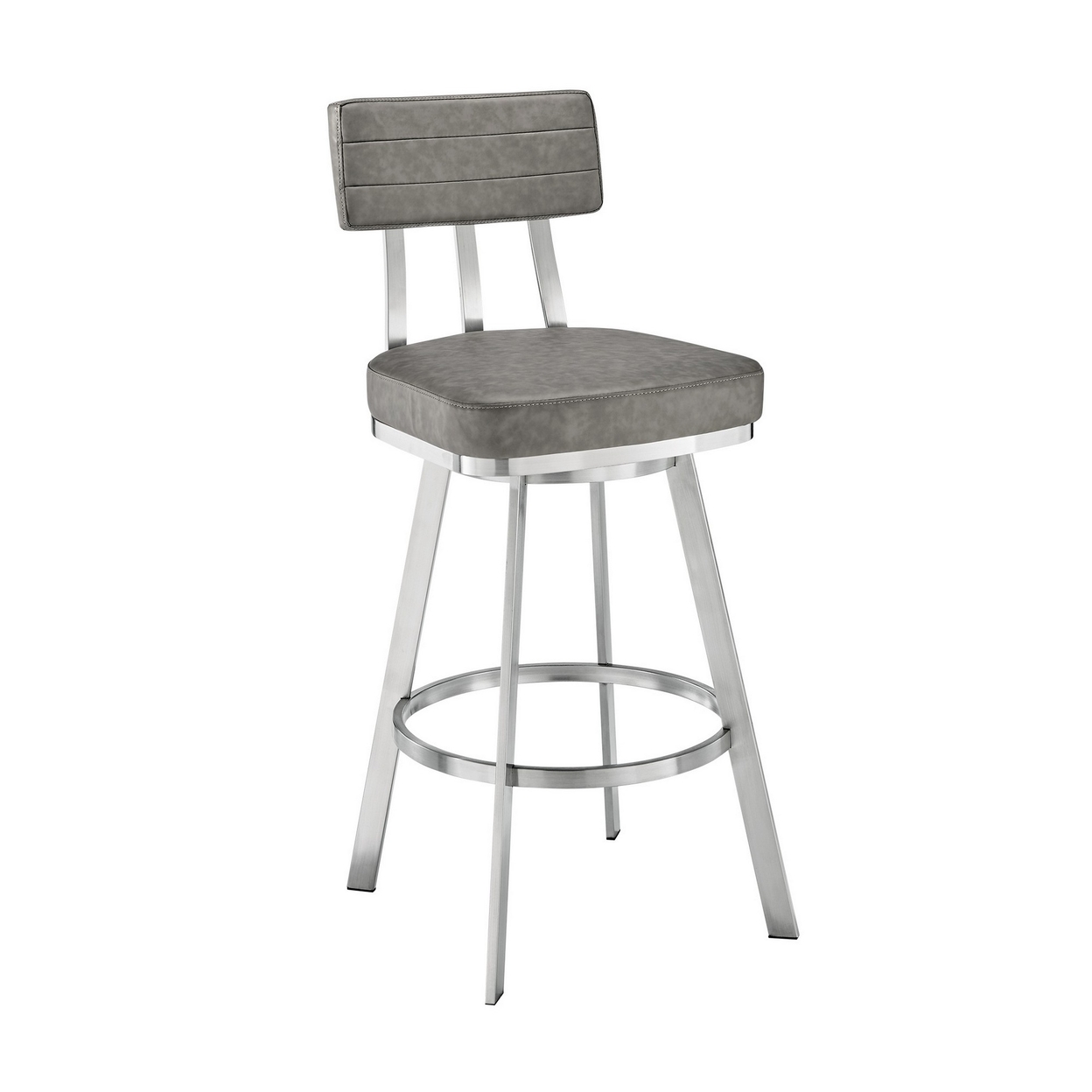 Col 26 Inch Swivel Counter Stool, Gray Faux Leather, Stainless Steel Frame- Saltoro Sherpi