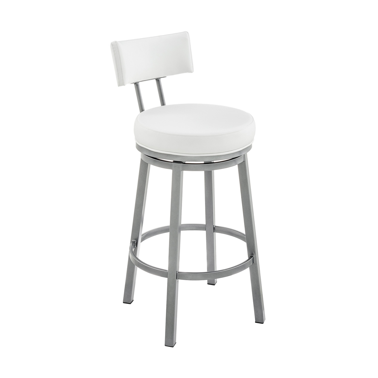 Eleanor 30 Inch Swivel Bar Stool Chair, Gray, Round White Faux Leather Seat- Saltoro Sherpi
