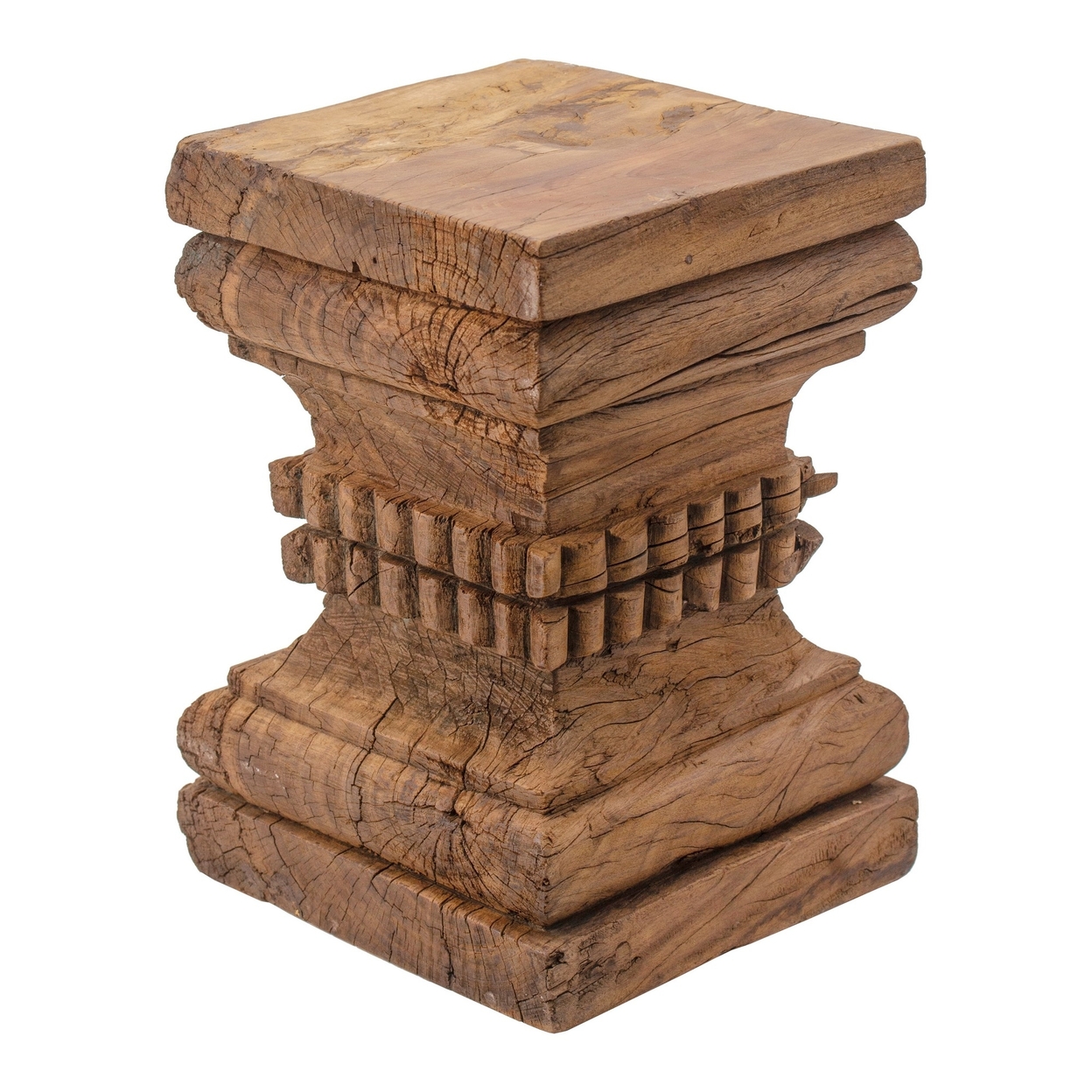 20 Inch, Brown, Accent Table, Rustic Pillar Pedestal With Scrolled Carvings- Saltoro Sherpi