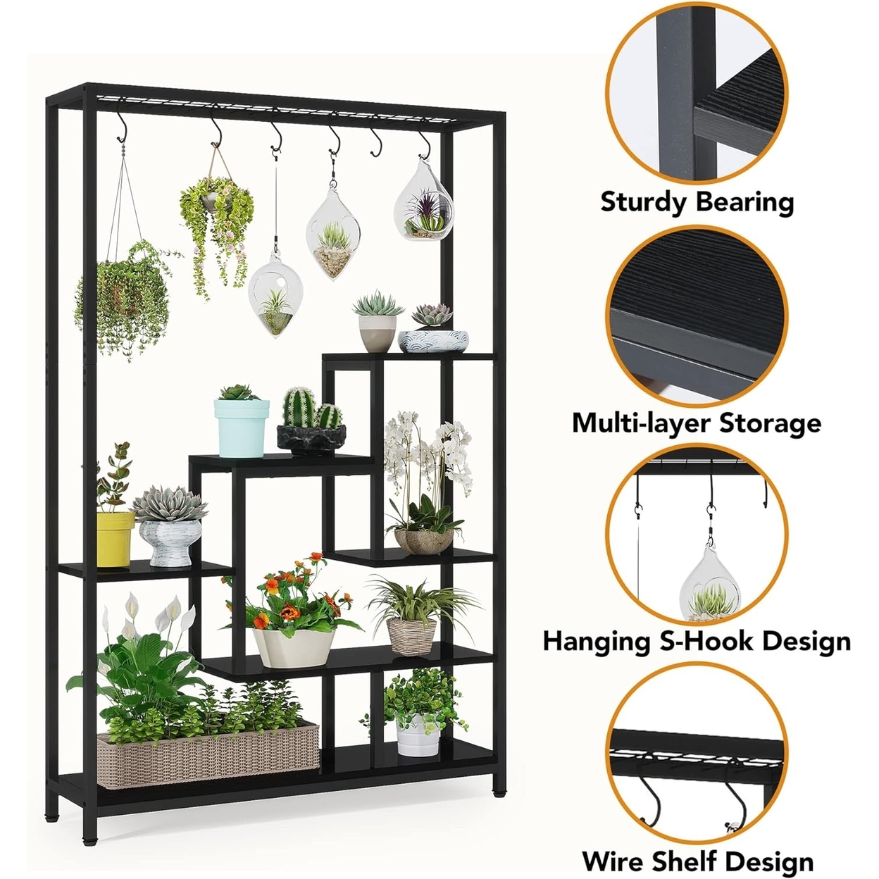 Tribesigns 5-Tier Tall Indoor Plant Stand, 70.9 Large Metal Plant Shelf With Hanging Hooks, Multi-Purpose Flower Bonsai Pots Display Rack -