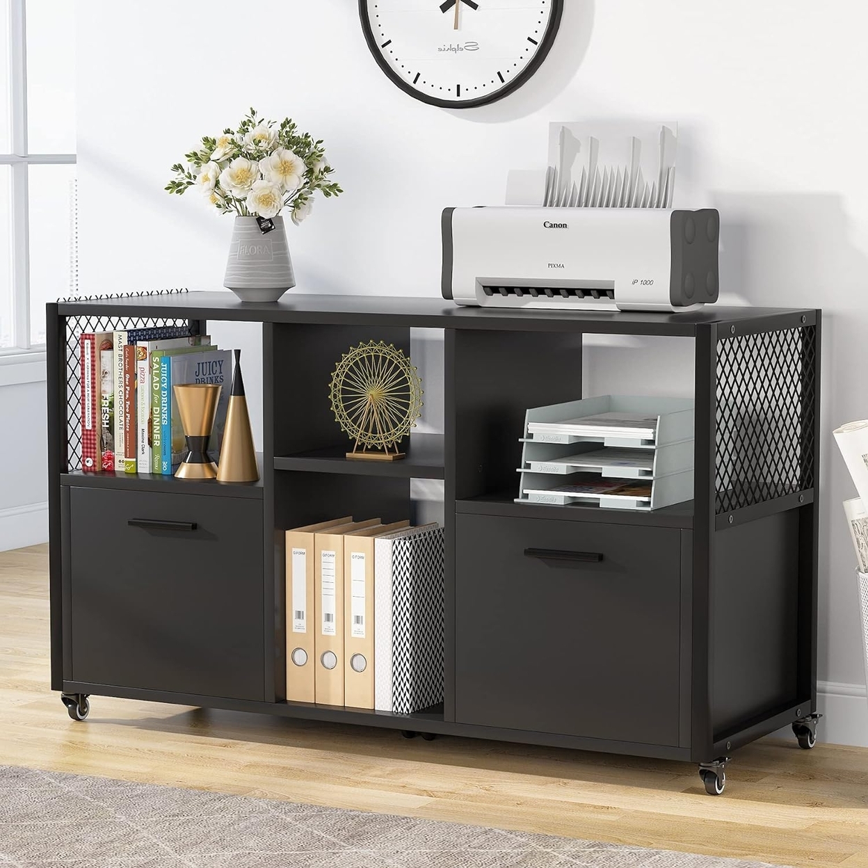 Tribesigns 2 Drawer Wood File Cabinets, Modern Mobile Lateral Filing Cabinet With Open Storage Shelves And Drawer - Black