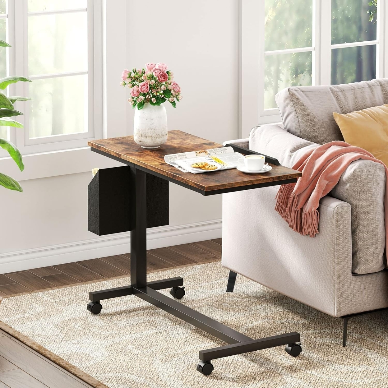 Tribesigns Height Adjustable C Shaped End Table With Wheels And Side Pocket, Mobile Sofa Snack Table With Tiltable Drawing Board