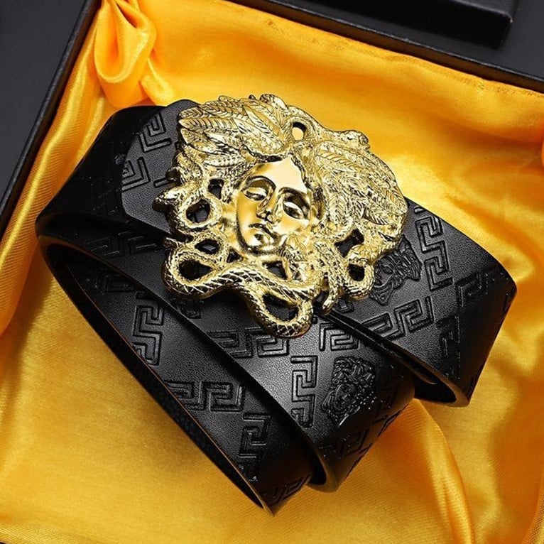 Hairdresser Belt Men Women Fashion Medusa Smooth Buckle Leather Belt - Gold, 105CM