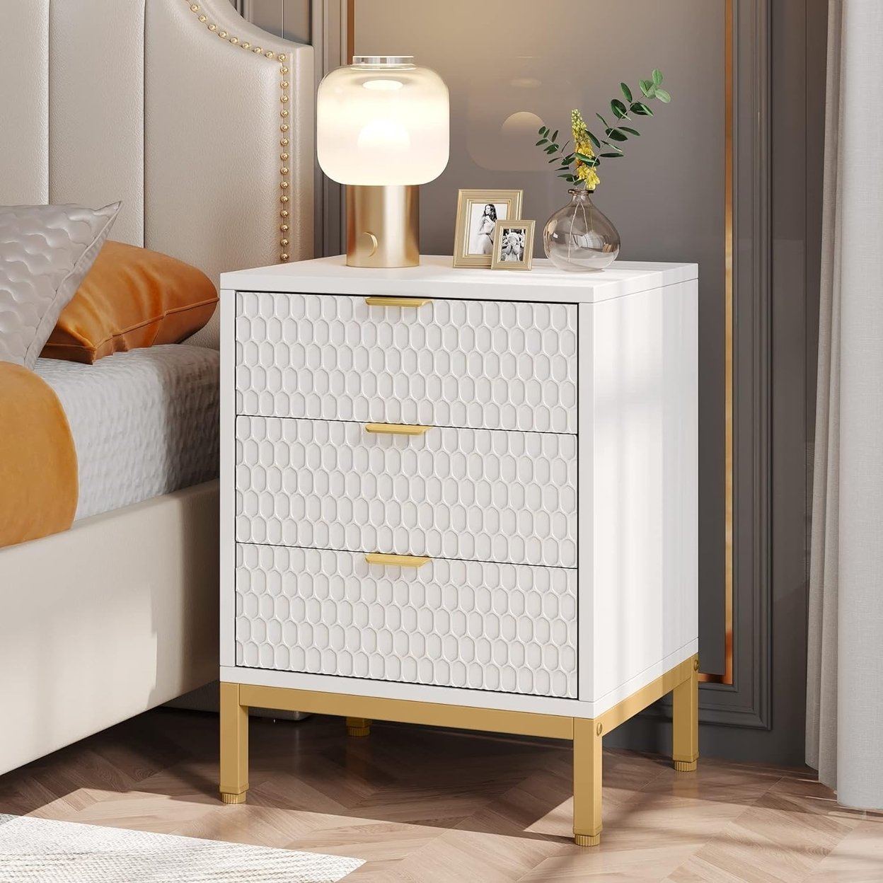 Tribesigns Modern Nightstand, 25.8 Tall Bedside Table With 3 Drawers, Contemporary End Side Table With Storage - White & Gold, 1pcs