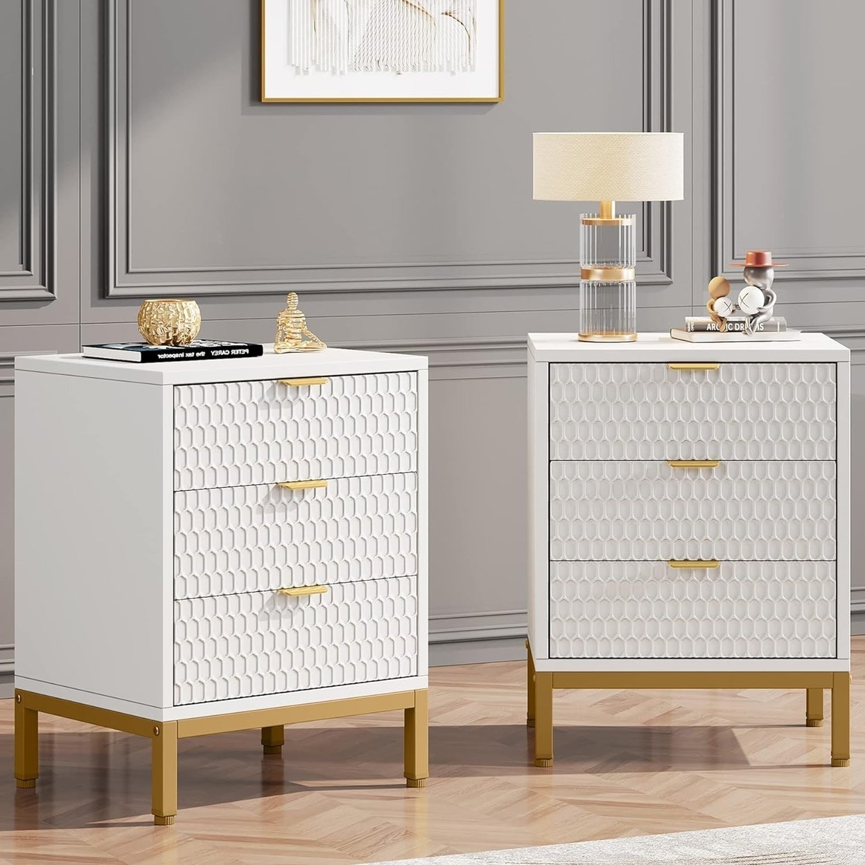 Tribesigns Modern Nightstand, 25.8 Tall Bedside Table With 3 Drawers, Contemporary End Side Table With Storage - White & Gold, 2pcs