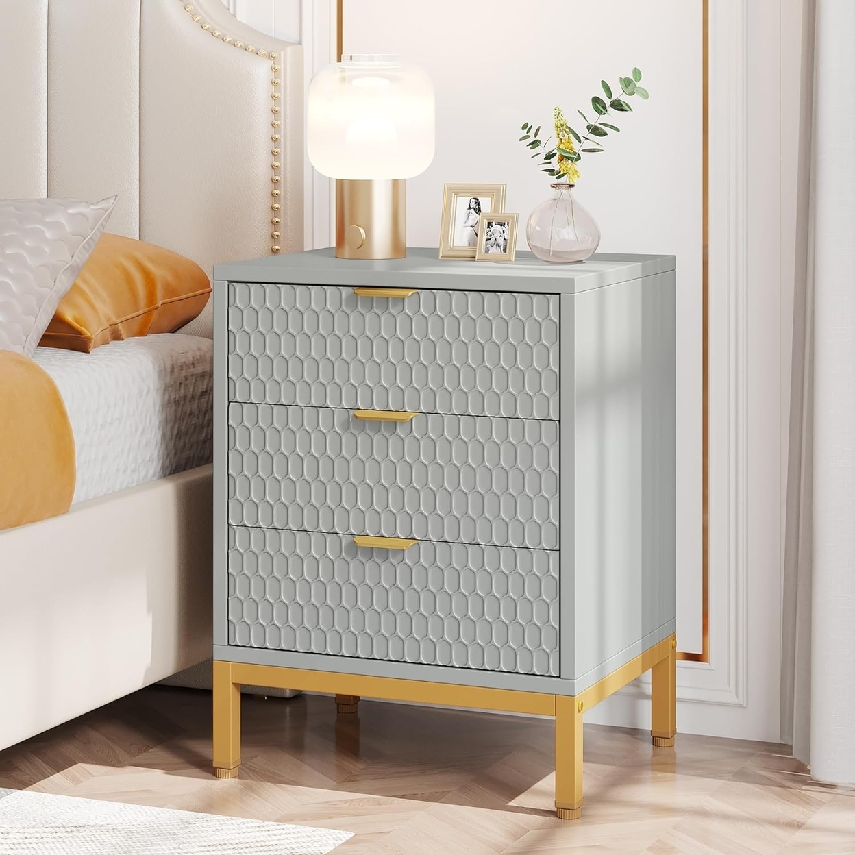 Tribesigns Modern Nightstand, 25.8 Tall Bedside Table With 3 Drawers, Contemporary End Side Table With Storage - White & Gold, 2pcs