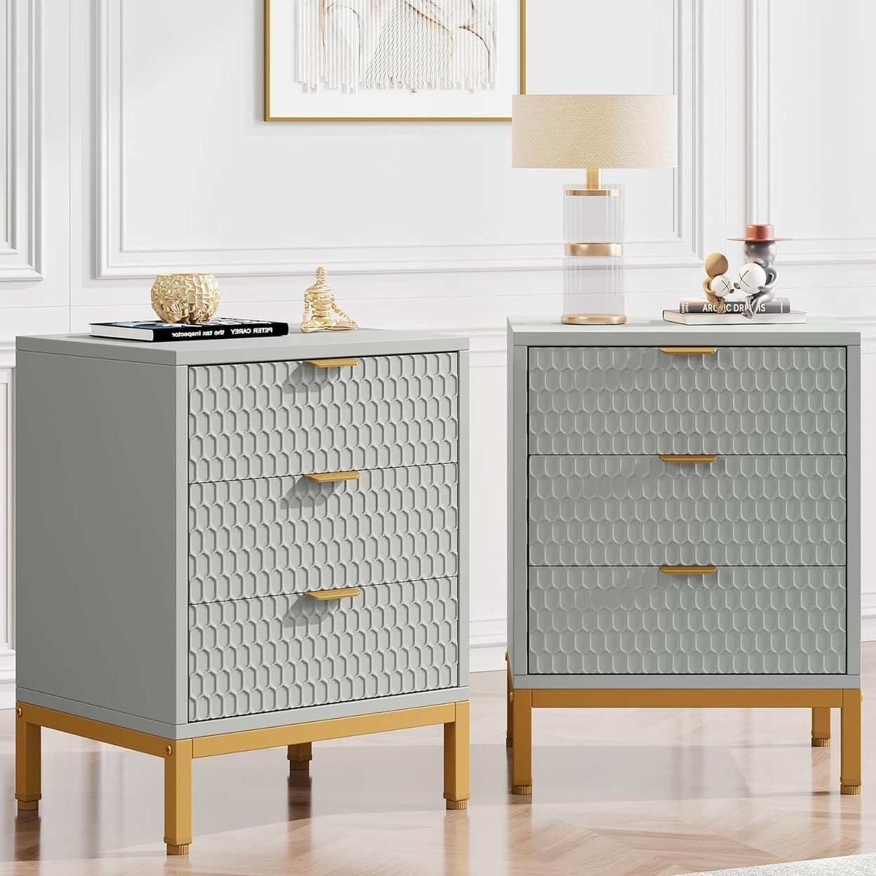 Tribesigns Modern Nightstand, 25.8 Tall Bedside Table With 3 Drawers, Contemporary End Side Table With Storage - Gray & Gold, 2pcs