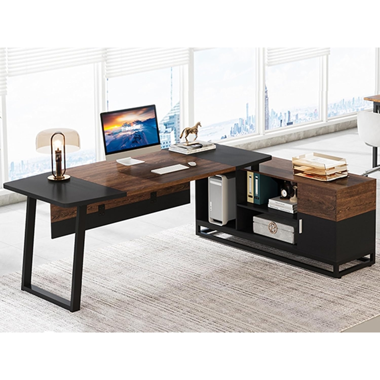 Tribesigns L Shaped Computer Desk With Cabinet, Large Executive Office Desk With Storage Shelves, 67 Modern Business Furniture Set