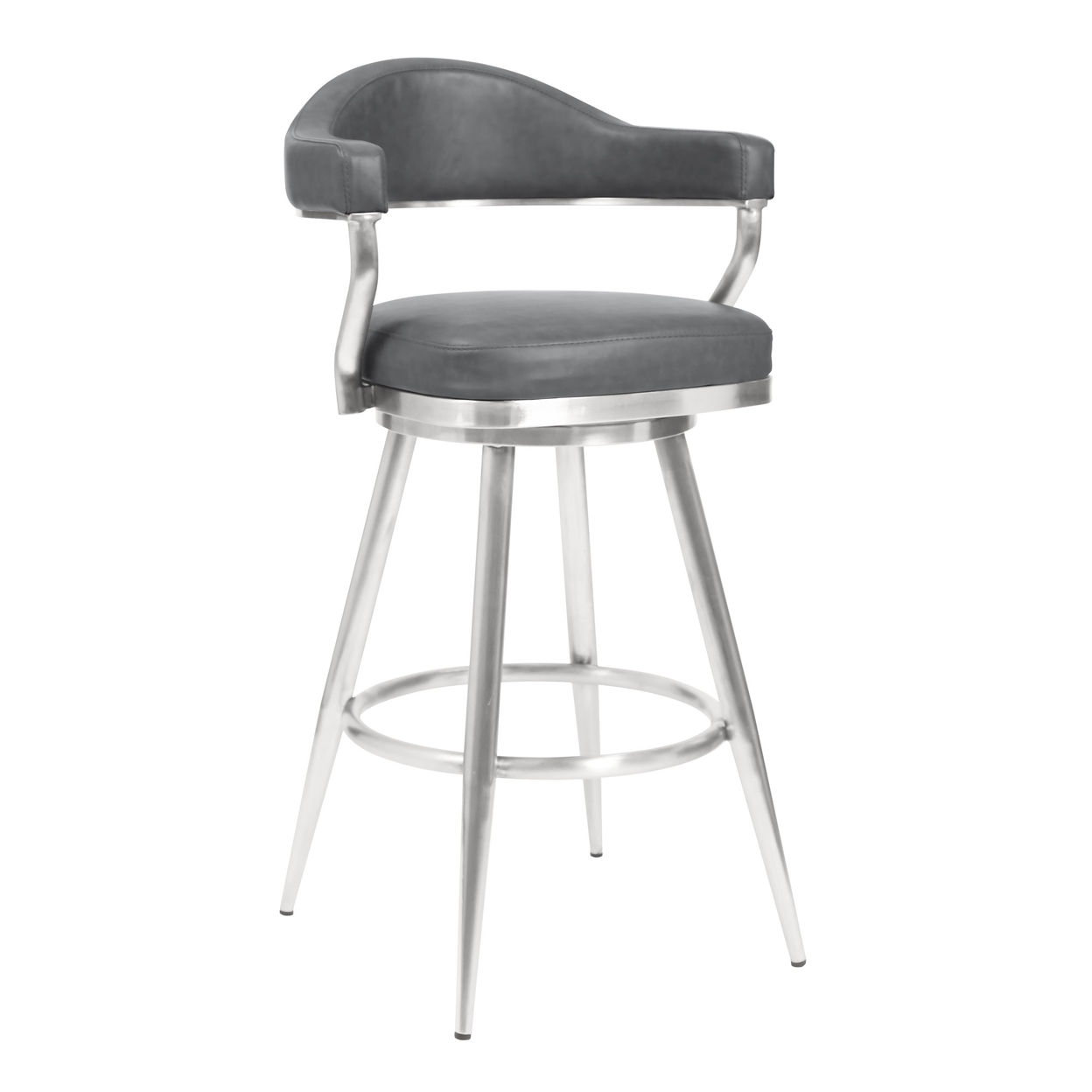 Knw 26 Inch Swivel Counter Stool Chair, Vintage Gray Faux Leather, Chrome- Saltoro Sherpi