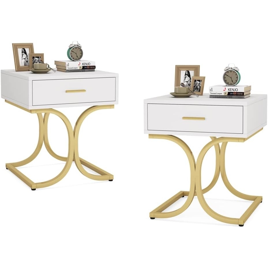 Tribesigns Nightstand, Modern Bedside Table End Table With Drawer, Double C-Shaped Night Stands Bedside Furniture With Metal Frame - 2pcs