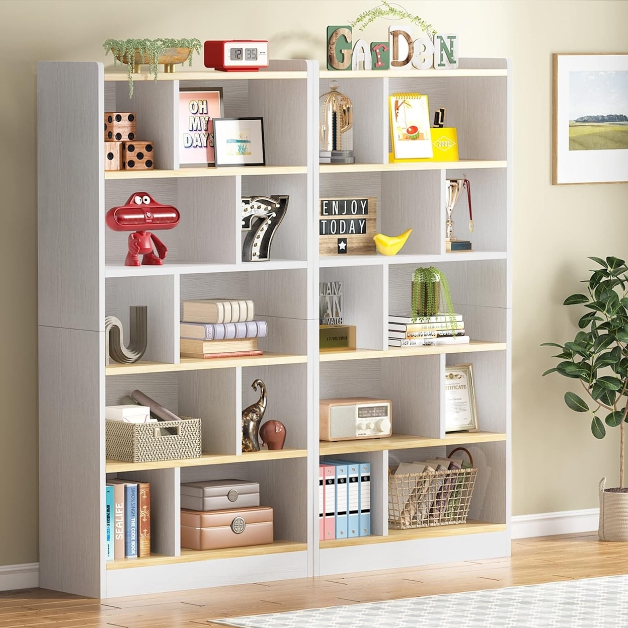 Tribesigns 72 Tall White Bookcase, Modern Cube Bookshelf 6 Tier Bookcases, Large Open Display Shelf Storage Organizer - White, 2pcs