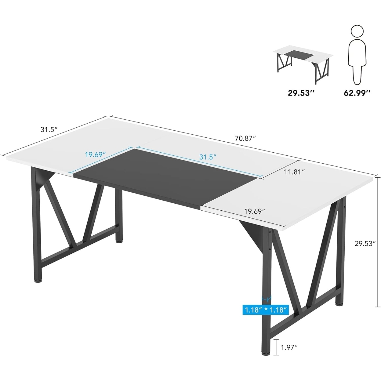 Tribesigns 71 Large Dining Table For 6-8 Peoples, Modern Wood Kitchen Tables With Splicing Board, Rectangle Dining Room Table - Black & Whi