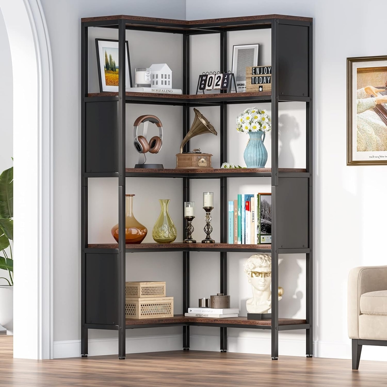 Tribesigns 5-Shelf Corner Bookshelf, Industrial 5-Tier L-Shaped Bookcase With Safety Baffles, Large Corner Book Shelves Storage Display Rack