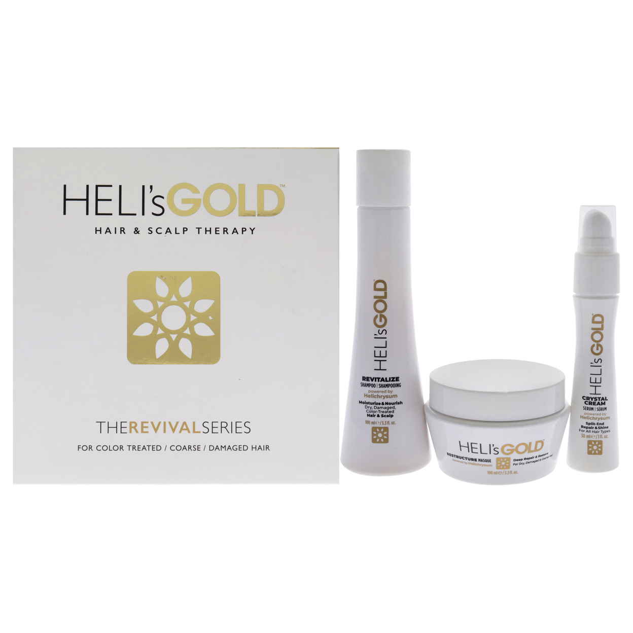 Helis Gold The Revival Series Travel Kit 3.3oz Revitalize Shampoo, 3.3oz Restructure Masque, 1oz Crystal Cream Serum 3 Pc