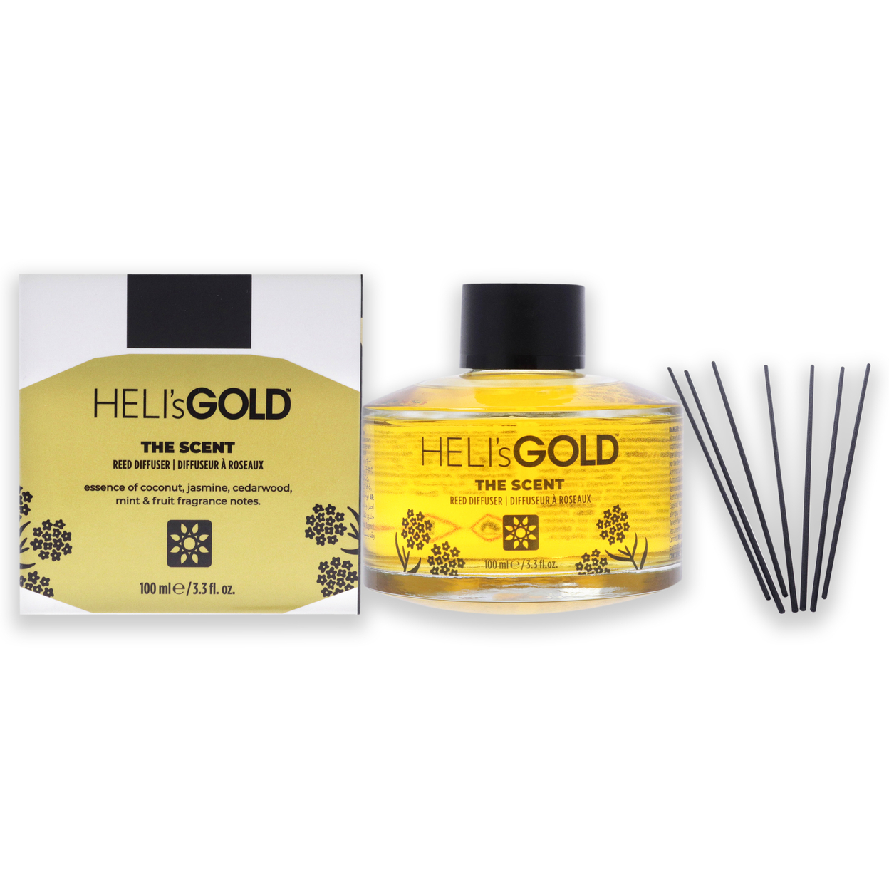 Helis Gold The Scent Reed Difuser Set 3.3oz Diffuser, 7 Pc Fiber Stick 2 Pc