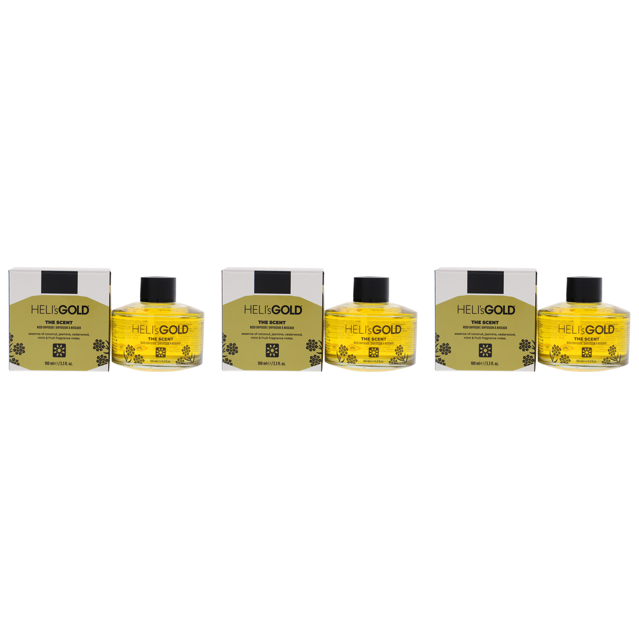 Helis Gold The Scent Reed Difuser Set - Pack Of 3 3.3oz Diffuser, 7Pc Fiber Stick 2 Pc