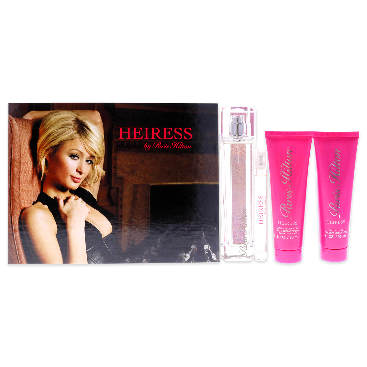 Paris Hilton Heiress 3.4oz EDP Spray, 0.34oz EDP Spray, 3oz Body Lotion, 3oz Bath & Shower Gel 4 Pc Gift Set