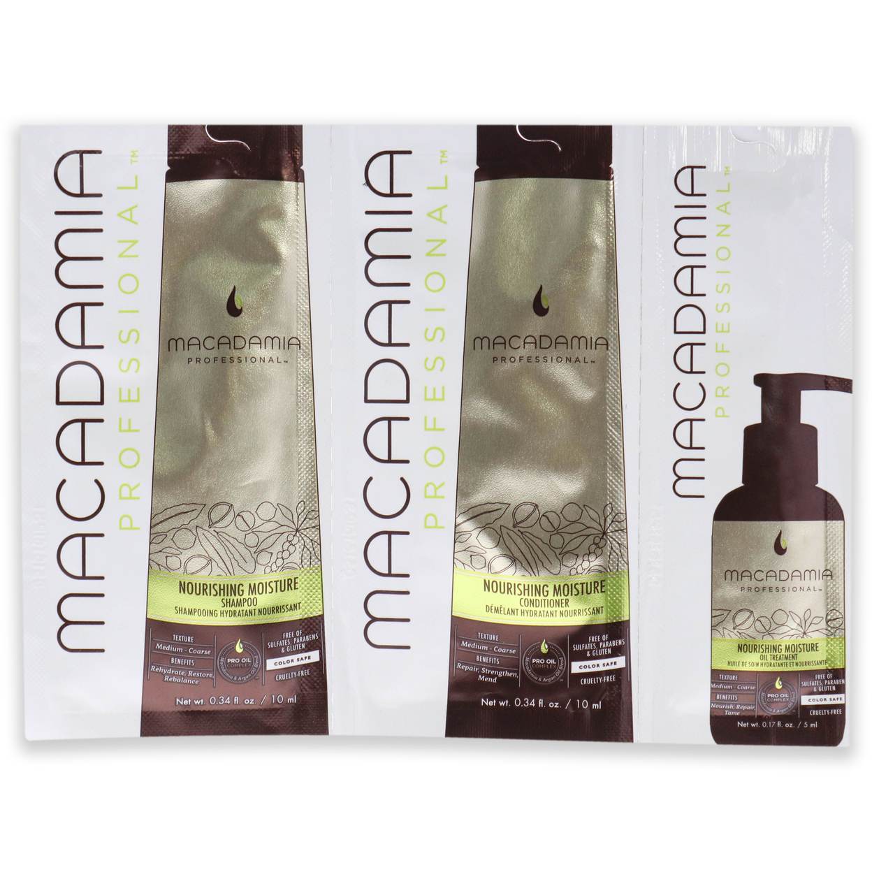 Macadamia Oil Professional Nourishing Moisture Set 0.34oz Shampoo, 0.34oz Conditioner, 0.17oz Oil Treatment 3 Pc Kit