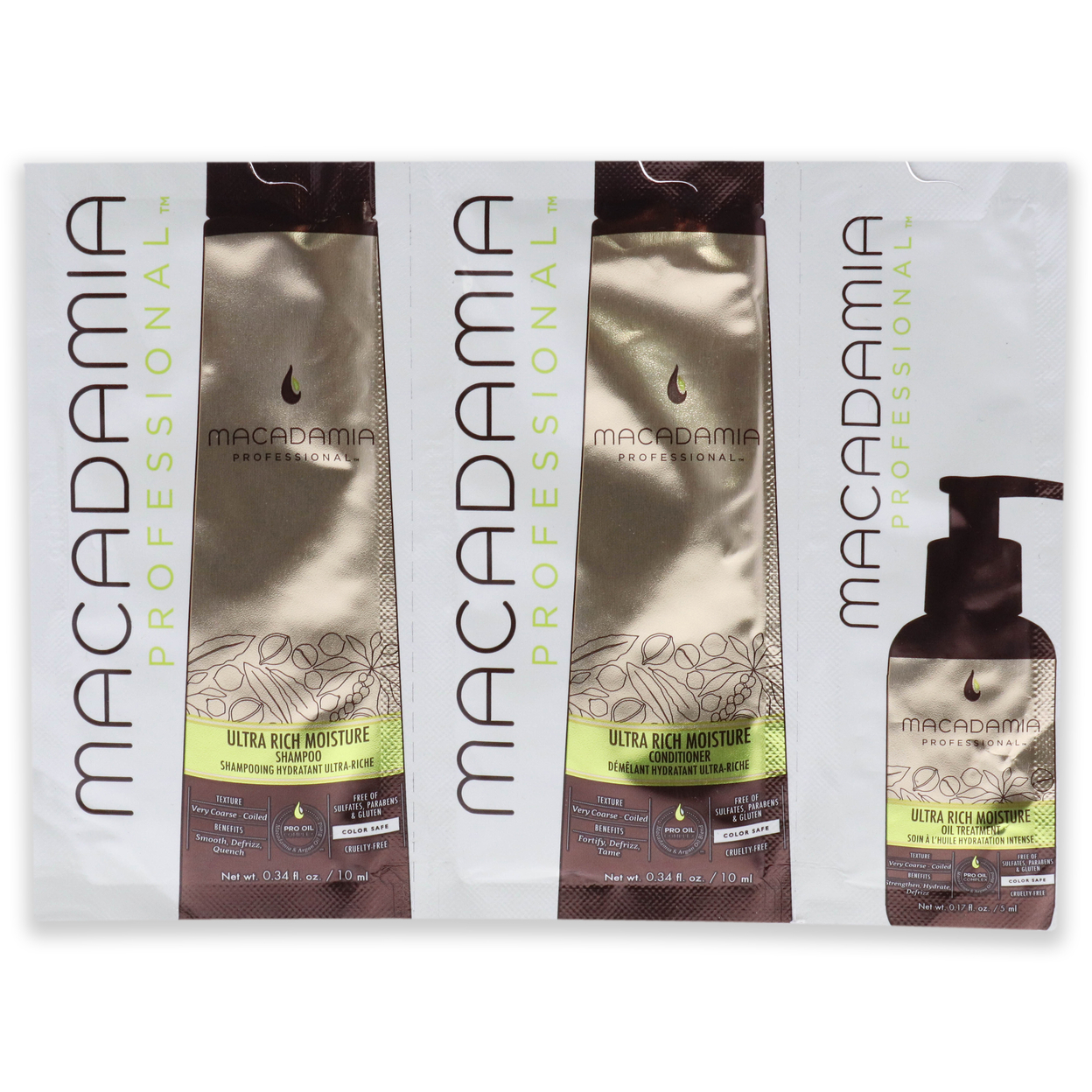 Macadamia Oil Professional Ultra Rich Moisture Set 0.34oz Shampoo, 0.34oz Conditioner, 0.17oz Oil Treatment 3 Pc Kit
