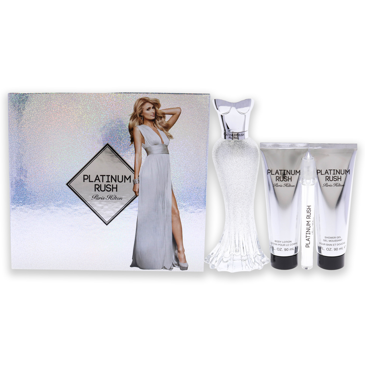 Paris Hilton Platinum Rush 3.4 Oz EDP Spray, 0.33oz EDP Spray, 3oz Body Lotion, 3oz Shower Gel 4 Pc Gift Set