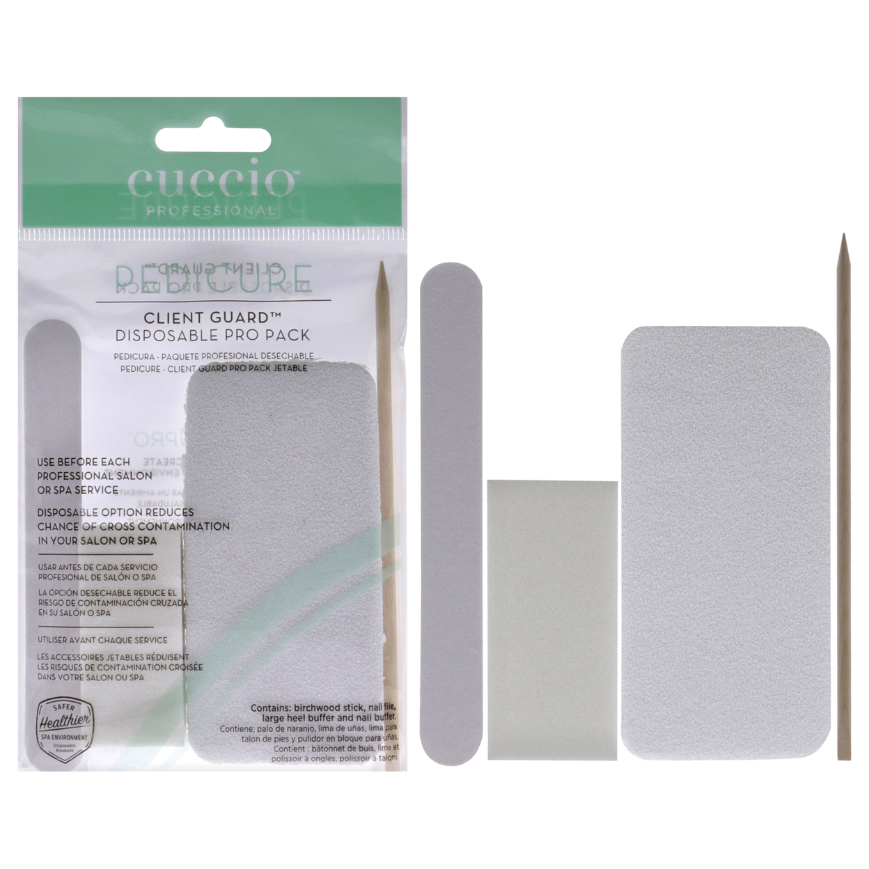 Cuccio Pro Pedicure Client Guard Disposable Pro Pack Birchwood Stick, Nail File, Large Heel Buffer, Nail Buffer 4 Pc