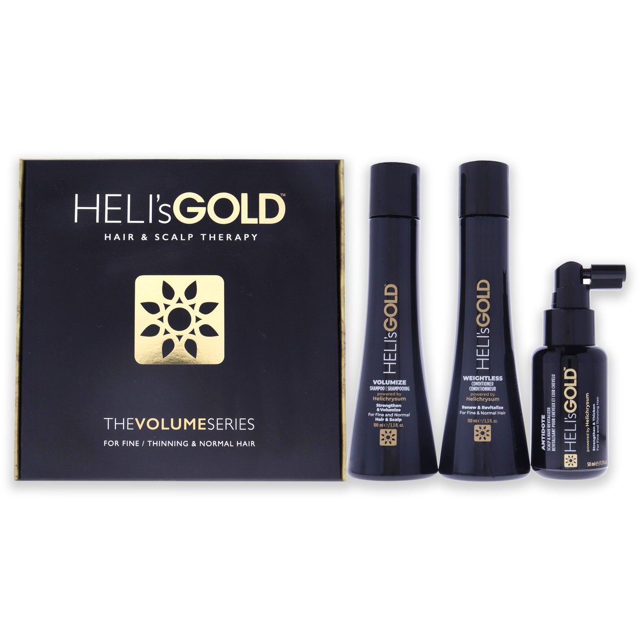 Helis Gold The Volume Series Travel Kit 3.3oz Weightless Conditioner, 3.3oz Volumize Shampoo, 1.7oz Antidote Scalp And Hair Revitalizer 3 Pc