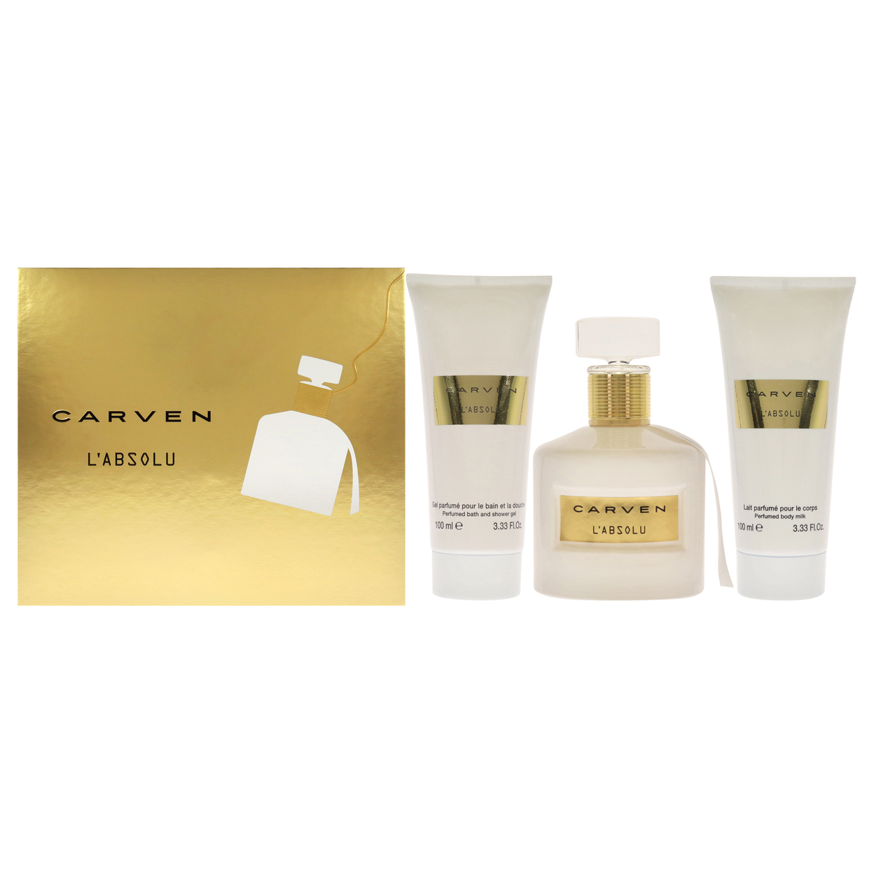 Carven LAbsolu 3.33oz EDP Spray, 3.33oz Perfumed Body Milk, 3.33oz Perfumed Bath And Shower Gel 3 Pc Gift Set