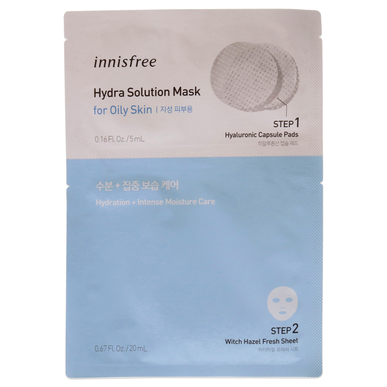 Innisfree Hydra Solution Mask 0.16oz Step 1 Hyalurinic Capsule Pads, 0.67oz Step 2 Witch Hazel Fresh Sheet Pads 1 Pc Kit