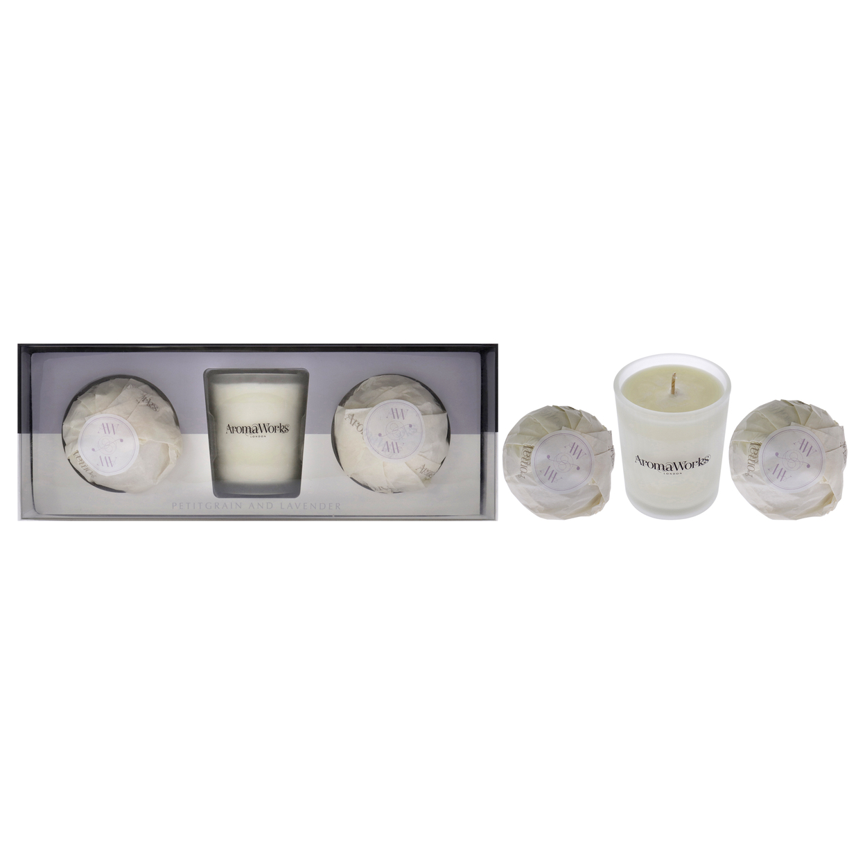 Aromaworks Light Candle Set - Petitgrain And Lavender 2.65oz Candle, 2 Mini AromaBomb 3 Pc
