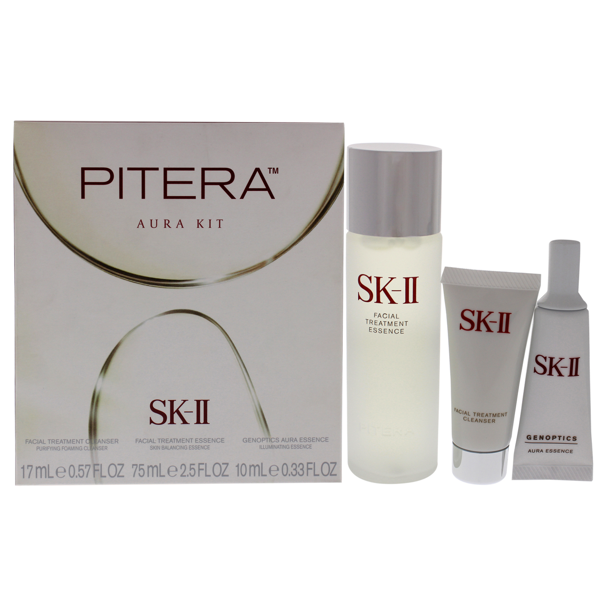 SK II Pitera Aura Kit 2.5oz Facial Treatment Essence, 0.5oz Facial Treatment Cleanser, 0.33oz Genoptics Aura Essence 3 Pc