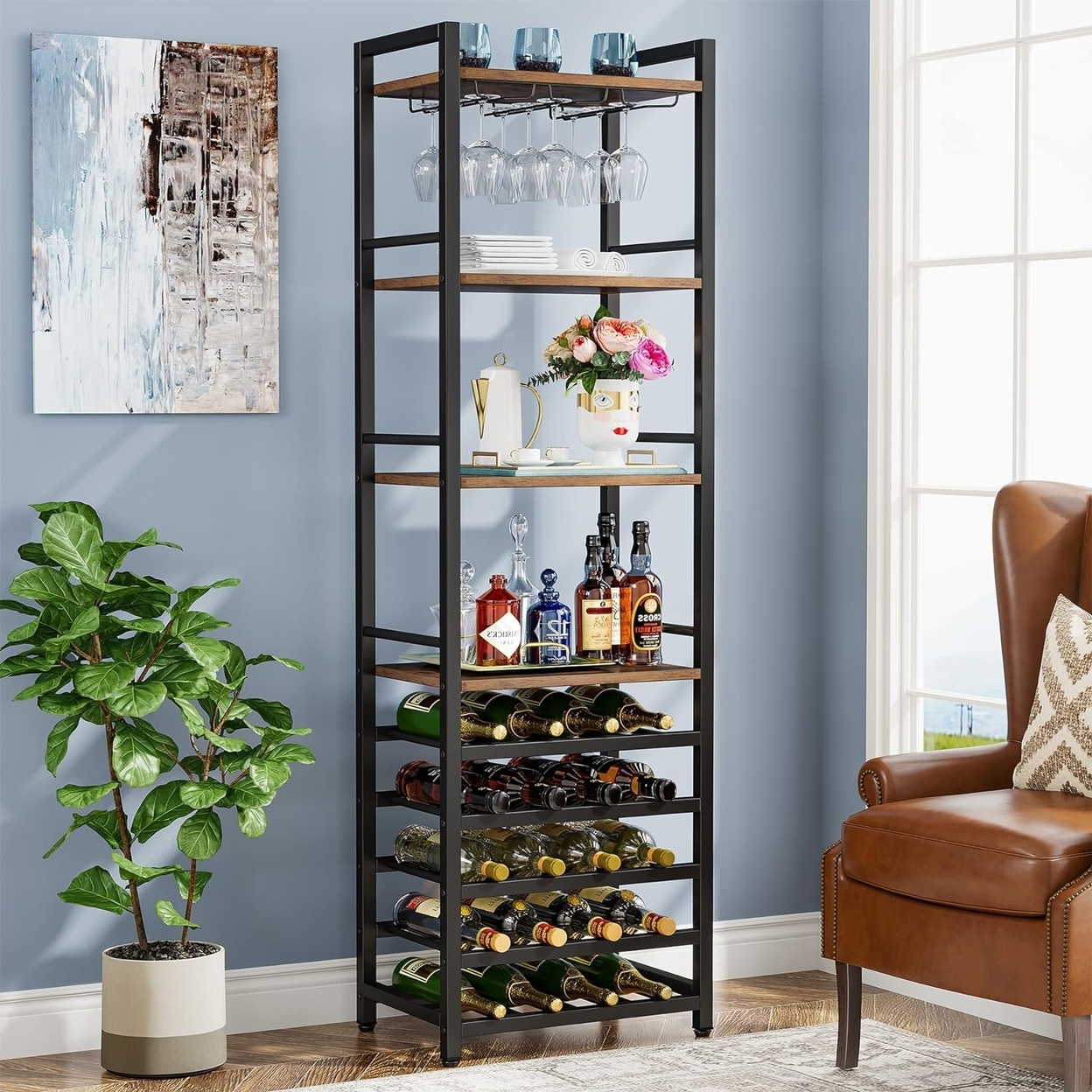 Tribesigns 20 Bottle Wine Bakers Rack, 9 Tier Freestanding Wine Rack With Glass Holder And Storage Shelves - Rustic Brown, 1pc