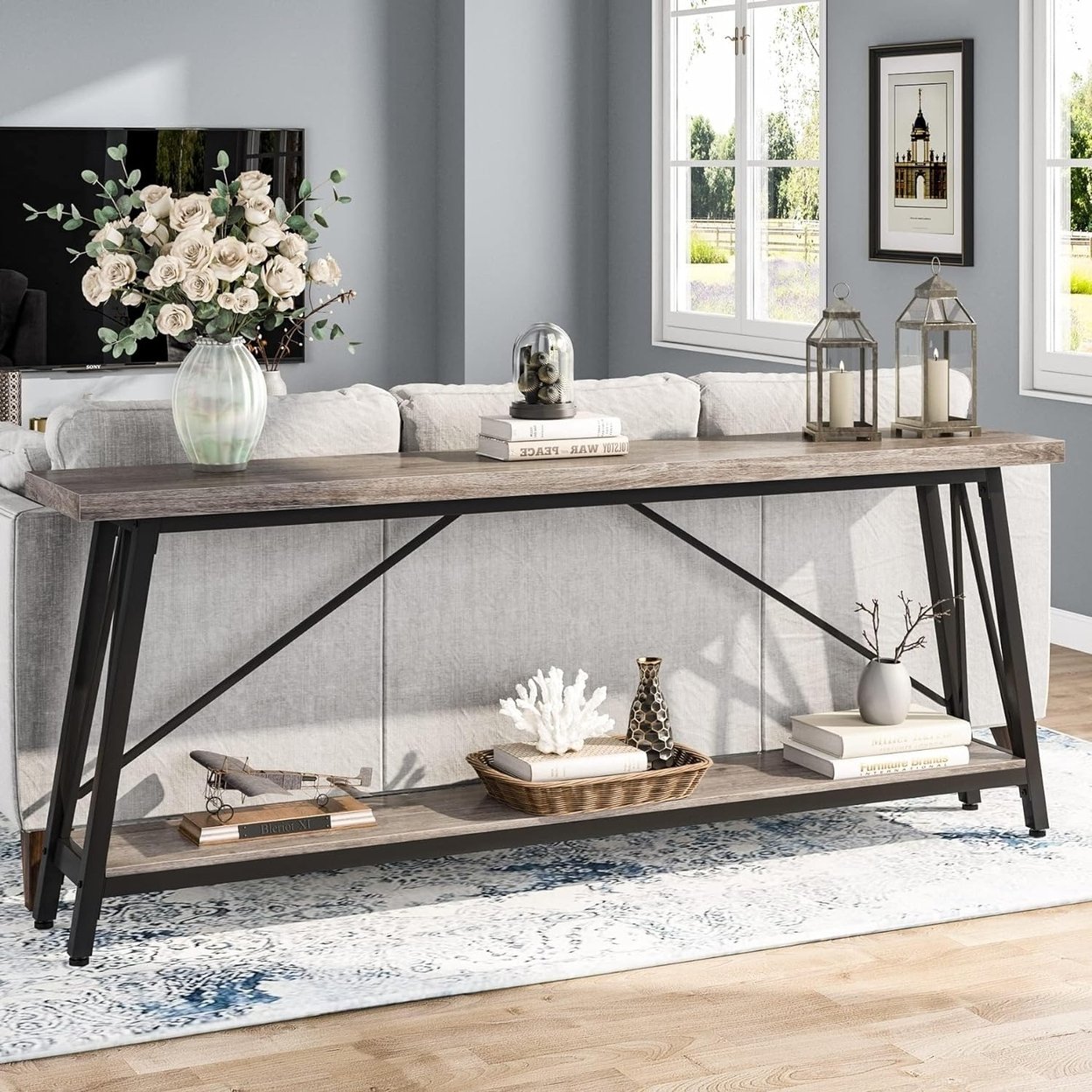 Tribesigns 70.9 Extra Long Sofa Table Behind Couch, Industrial Entry Console Table - Light Grey